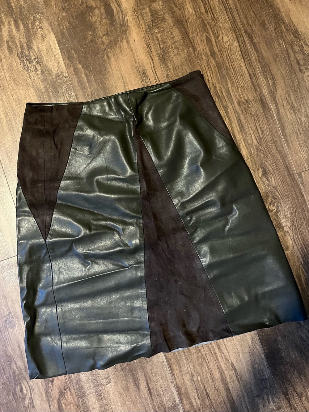 Catherines Green-Brown Faux Leather & Dark Brown Suede Paneled Pencil Skirt